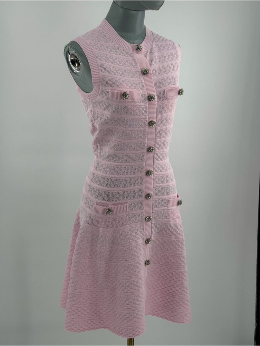🆕 SELF-PORTRAIT 🧿 NWOT Pink Pointelle Diamante Button Knit Mini Dress, Sz M - Picture 4 of 16